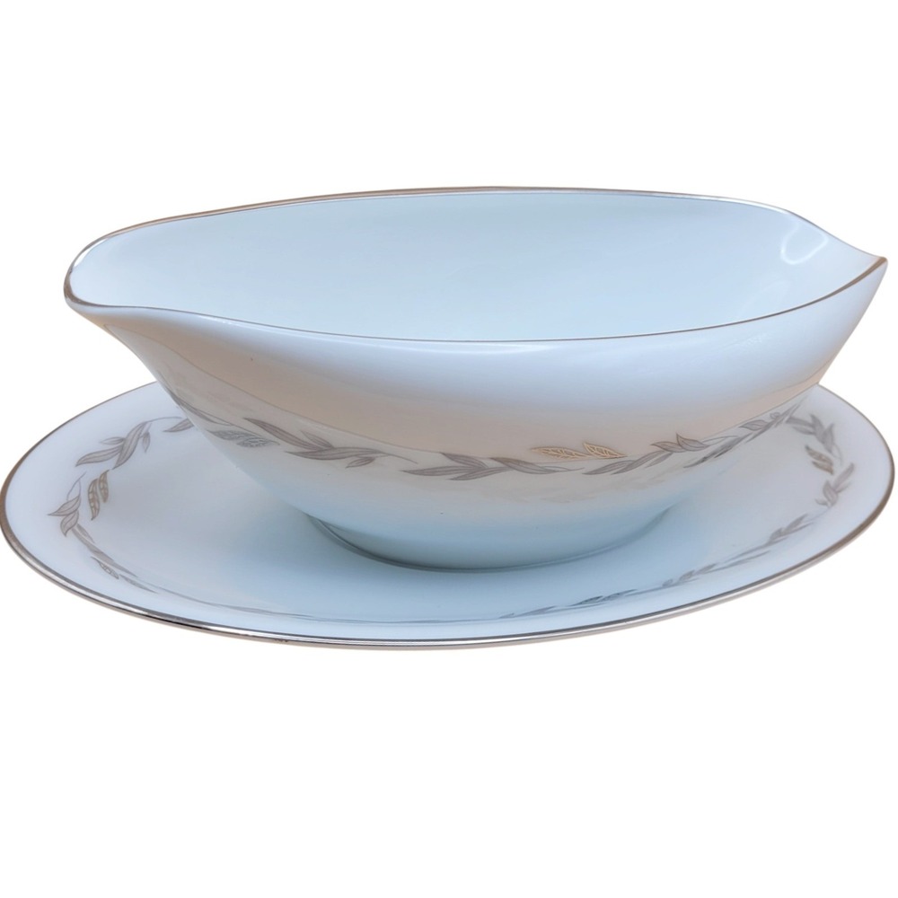 Noritake Graywood 6041 Gravy Boat Silver Trim JAPAN Vintage